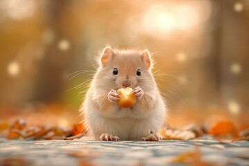 A cute hamster enjoys a snack against a warm, soft-focused autumn backdrop.