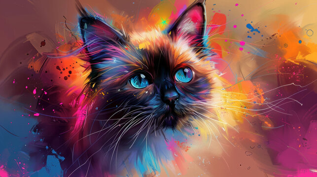 A colorful cat with a blue eye is the main focus of the image. The cat's fur is a mix of different colors, giving it a unique and eye-catching appearance. Scene is vibrant and playful