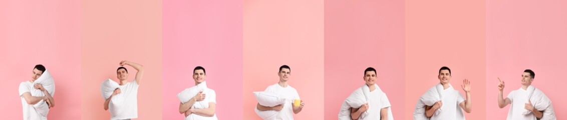 Man in pajamas with pillow on light pink background, collage of photos