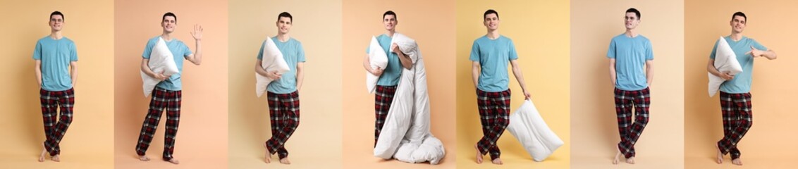 Obraz premium Man in pajamas with pillow on beige background, collage of photos
