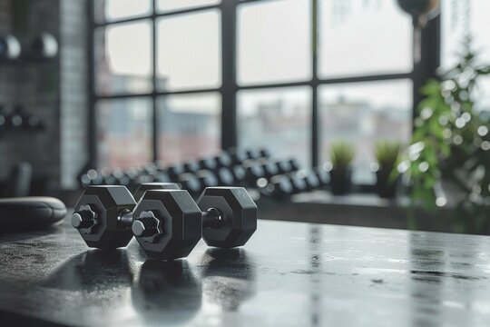 Black desk of free space for your decoration and blurred gym interior. Metal dumbbells and fit life