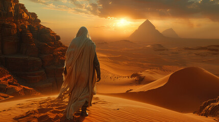 A man in a white robe stands on a desert plain with the sun setting behind him. The scene is serene and peaceful, with the man looking out over the vast expanse of sand and rock