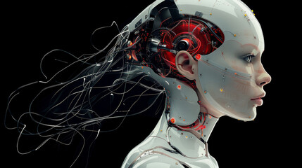 A woman's head with a robotic design and red wires coming out of it. The image conveys a futuristic and technological mood