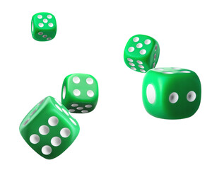 Five green dice in air on white background