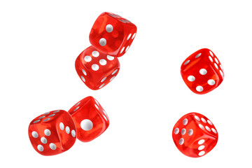 Six red dice in air on white background