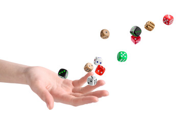 Woman throwing many dice on white background, closeup