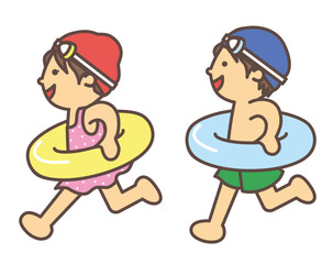 水着を着て嬉しそうに走る男の子と女の子