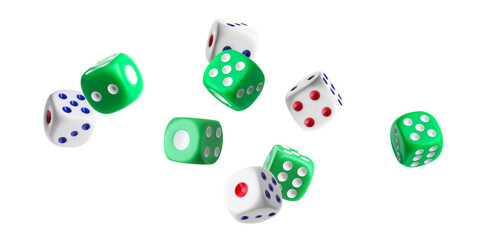 Many different dice in air on white background