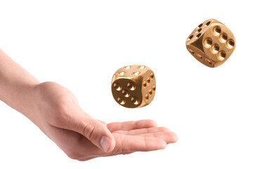 Man throwing golden dice on white background, closeup