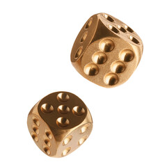 Two golden dice in air on white background