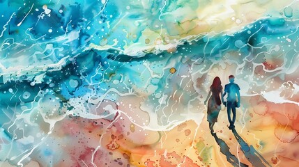 A postcard with marine watercolor with silhouettes of a young man and a girl standing on a rock on the shore of a raging sea embodies the concept of a family trip to tropical countries. - obrazy, fototapety, plakaty