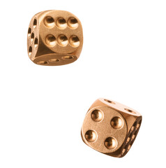 Two golden dice in air on white background