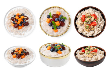 Collage of cooked barley groats in bowls on white background, top and side views