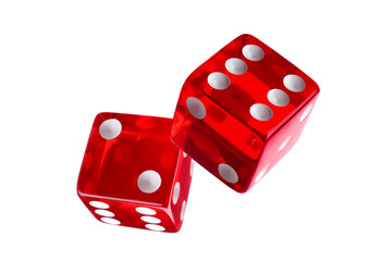 Two red dice in air on white background