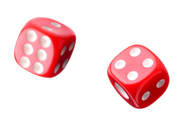 Two red dice in air on white background