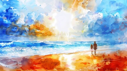 Fototapeta na wymiar A marine watercolor banner with silhouettes of a young man and a girl standing on a rock on the shore of a raging sea embodies the concept of a family trip to tropical countries.