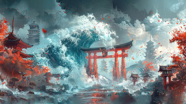 The Great Wave Amidst Torii Gates. Japan Majestic The Great Wave Painting.
