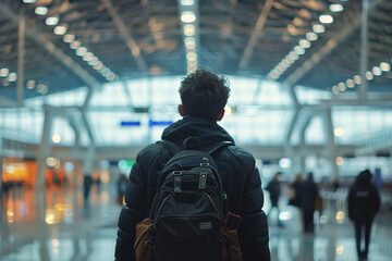 travel concept, rear view of man with backpack in the airport