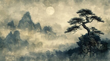 Trees on a misty hill in a Moonlit Sky. Elegance in Ink. A Sumi-e Masterpiece