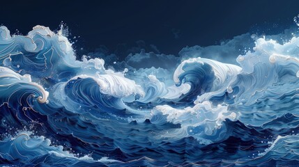 The Great Wave blue seamless background. Japan Majestic The Great Wave Painting.