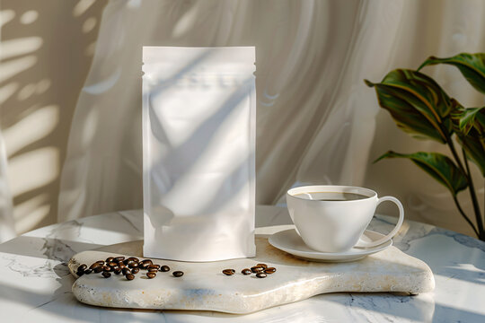 White blank coffee bag mockup. Coffee bag placed on marble stone with coffee beans