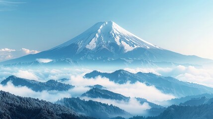 View of the majestic Mount Fuji and cloud covered forests.