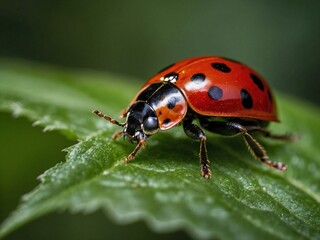 Fototapeta premium Close up view of a red ladybug with black spots sitting on a green leaf