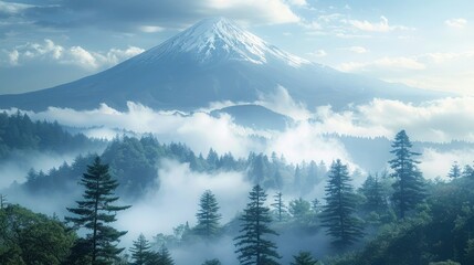 View of the majestic mount fuji and sea of clouds from the forest.