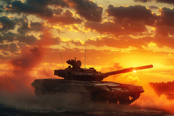 war concept, tank and smoke over sunset sky background