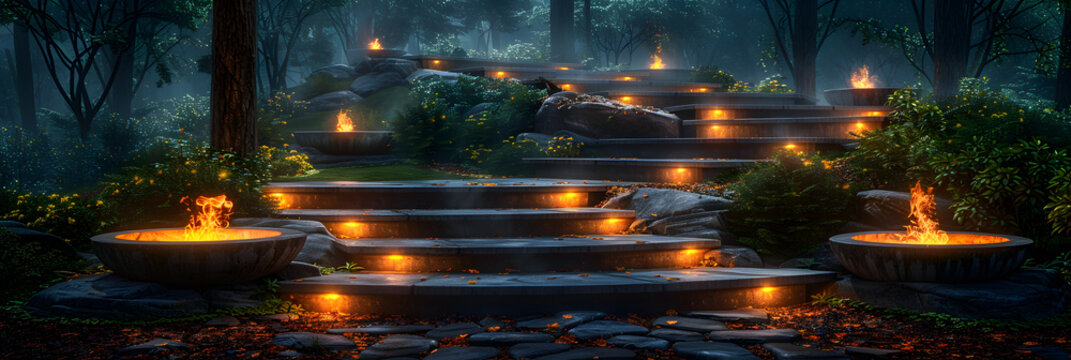 Many Steps to Stone Gates with Glowing Circle,
Fantasy stairs with lanterns in the river at night. Fantasy garden with lanterns iluminating the stair