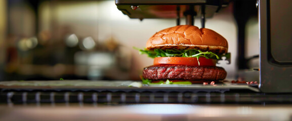 Close-up of a 3D printer creating a plant-based burger in a modern kitchen, blending tradition with technology in food preparation. Banner. Copy space