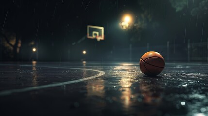 A detailed image of a dark basketball court with one light illuminating a basketball laying on the floor - obrazy, fototapety, plakaty