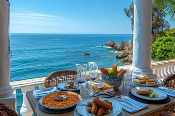 A sunny seaside terrace in Spain with a view of the ocean, featuring a table with paella, an array of tapas, and a plate of churros with sugar and chocolate.