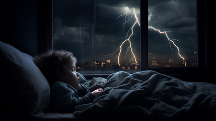 Child peacefully asleep in a lightning storm - obrazy, fototapety, plakaty