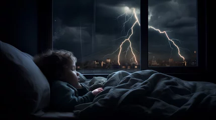 Türaufkleber Child peacefully asleep in a lightning storm © Joel