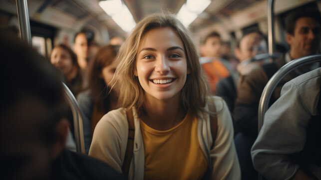 A smiling girl in a crowded train with blurred background