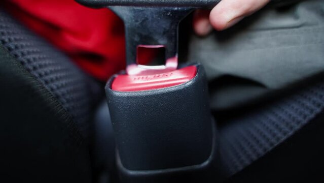 Close-up of the seat belt buckle as the tongue is latched. Man buckles up in a car