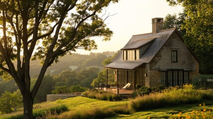 Obraz premium A rustic farmhouse nestled in a serene countryside setting AI generated illustration