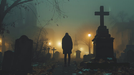 A solitary figure stands in a fog-shrouded cemetery at dusk, evoking themes of remembrance - obrazy, fototapety, plakaty