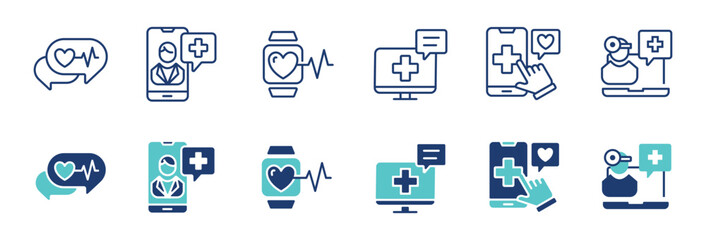 online digital health consultation icon vector set virtual doctor support diagnosis health care assistant signs illustration - obrazy, fototapety, plakaty