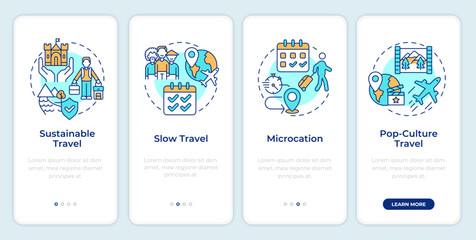 Travel trends onboarding mobile app screen. Tourism walkthrough 4 steps editable graphic instructions with linear concepts. UI, UX, GUI template. Montserrat SemiBold, Regular fonts used