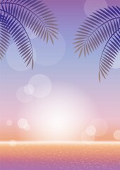 Fototapeta na wymiar Vector Tropical Resort Background Sunrise Sunset With Palm Leaves