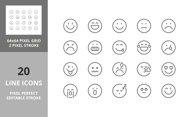 Line icons about emojis. Editable vector stroke. 64 and 256 Pixel Perfect scalable to 128px...