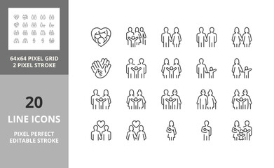 Obraz premium Line icons about types of family structures. Editable vector stroke. 64 and 256 Pixel Perfect scalable to 128px...