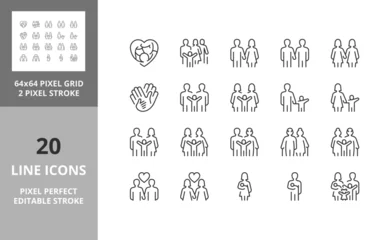 Rollo Line icons about types of family structures. Editable vector stroke. 64 and 256 Pixel Perfect scalable to 128px... © Artco