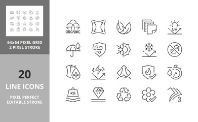 Line icons about fabric features. Editable vector stroke. 64 and 256 Pixel Perfect scalable to 128px...