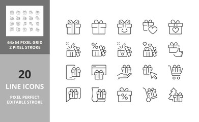 Line icons about gift boxes and presents. Editable vector stroke. 64 and 256 Pixel Perfect scalable to 128px...