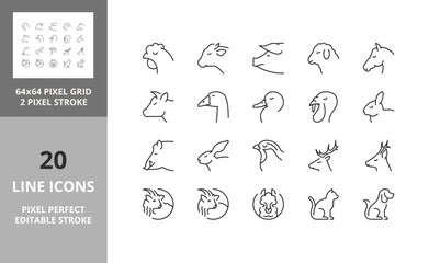 Line icons about farm and hunting animals. Editable vector stroke. 64 and 256 Pixel Perfect scalable to 128px...