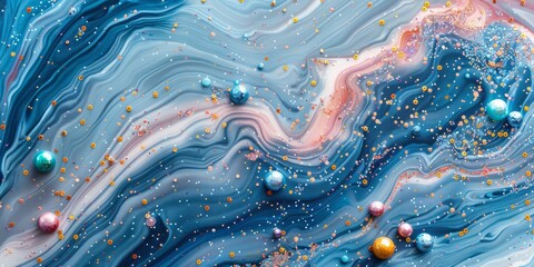 Soft blue marble mural, delicately adorned with tiny colorful glitter on a white background. - obrazy, fototapety, plakaty