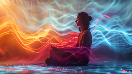 A tranquil figure is immersed in meditation, surrounded by a mesmerizing spectrum of light waves that symbolize mental clarity and calm